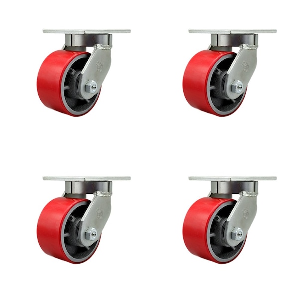 Service Caster 6'' Heavy Duty Red Poly on Cast Iron Swivel Caster Set with 2 Swivel Locks, 4PK CRAN-SCC-KP92S630-PUR-RS-BSL-2-S-2 - main